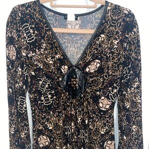 VENUS Brown and Black Leopard Print V-Neck Blouse